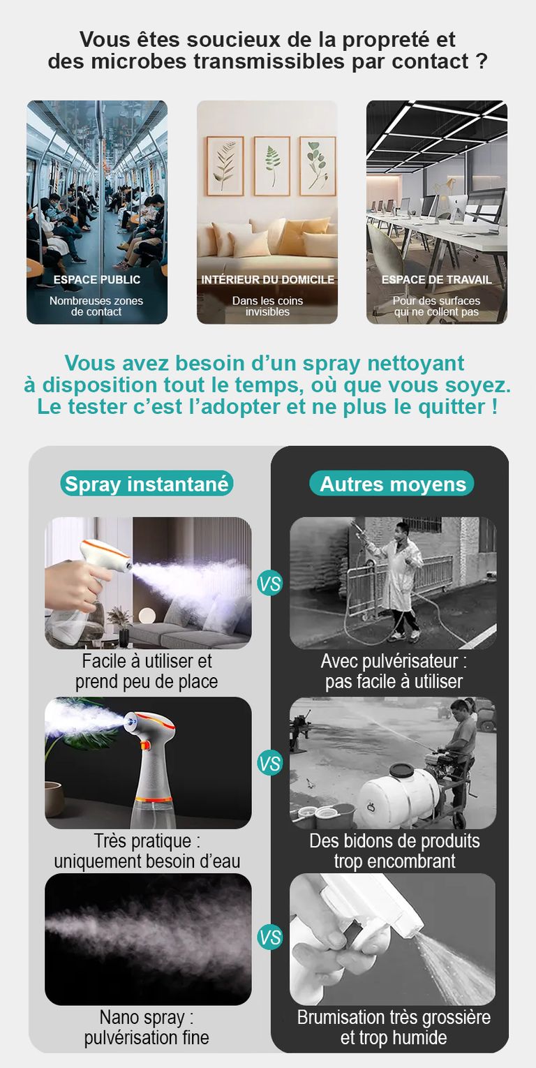 Spray instantané eau ozonée par électrolyse - 0.5 à 2.6mg/L (PPM) - Ses avantages pour nettoyer et dégraisser toutes les surfaces non-poreuses sans produits chimiques vs les autres moyens - France UV-C